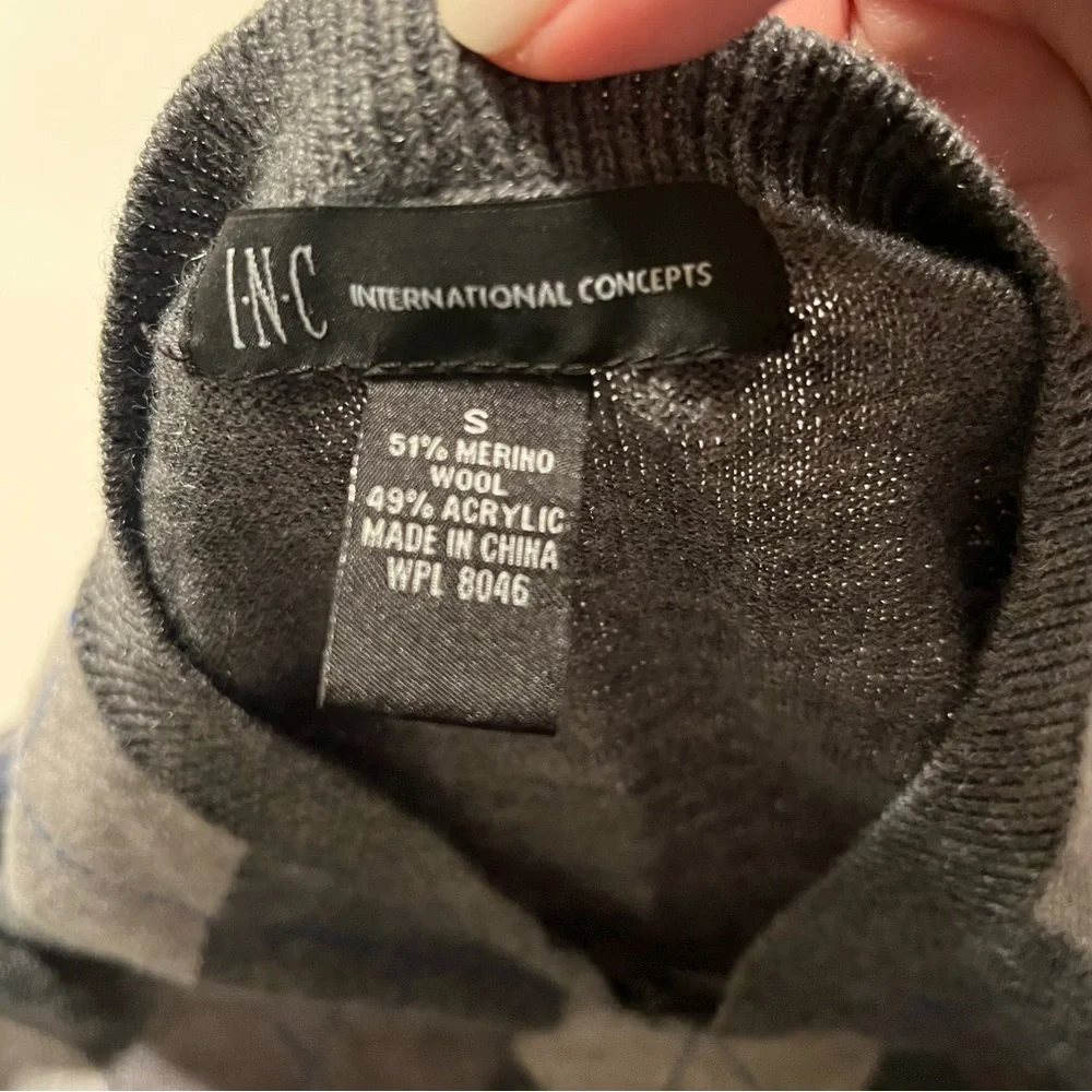 INC International Concepts Mens Small Grey Gray Purple Argyle Wool Blend Sweater